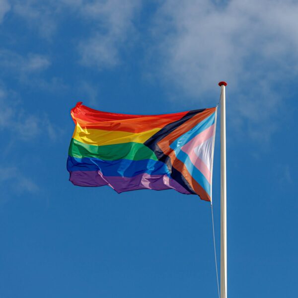 Pride flag flowing in the wind on a pole with the sky in the background.