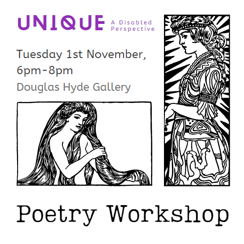 Social media post advertising the Poetry workshop. A line art of two figures with long hair. 