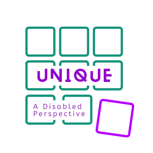 Unique: A Disabled Perspective Logo. 9 small square making up one large square. 8 are green and in order, one is blue and out of place. Purple text with the title is on top of the squares. 