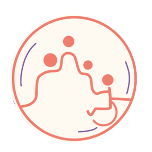 Inclusive Student Life logo. An abstract illustration of four disabled students. The lines are orange on a light cream background. 