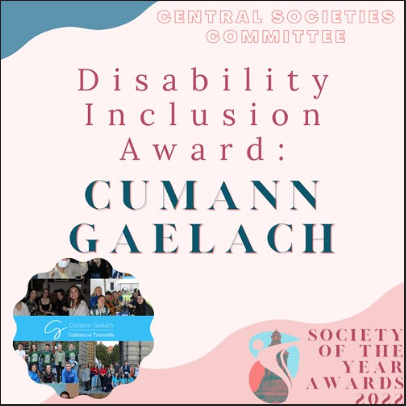 Social Media post from the CSC announcing An Cumann Gaelach winning the Disability Inclusion Award. 