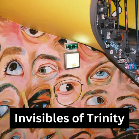 Human eyes painted on a wall, just below a spiral staircase. Part of the Invisibles of Trinity project.