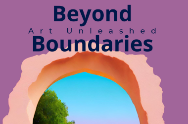 The image shows a graphic with the text "Beyond Boundaries" and "Art Unleashed" in purple, against a background image of a tree and sky viewed through a cut-out in the shape of an arch, which is set within a larger peach-colored area.